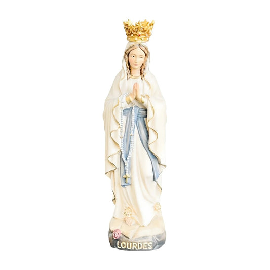 Our Lady of Lourdes Statue with Golden Crown in Carved Wood