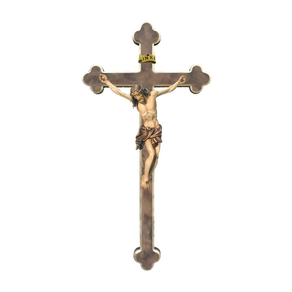 Maple Wooden Crucifix on Baroque Cross, Oil Painted