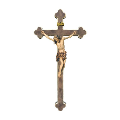 Maple Wooden Crucifix on Baroque Cross, Oil Painted
