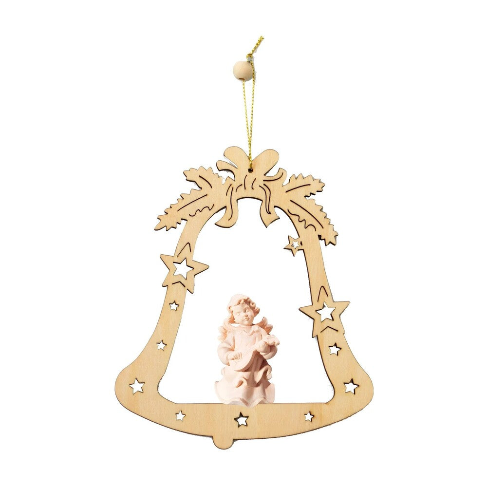 Christmas Ornament Musician Angel in Carved Wood Bell Val Gardena