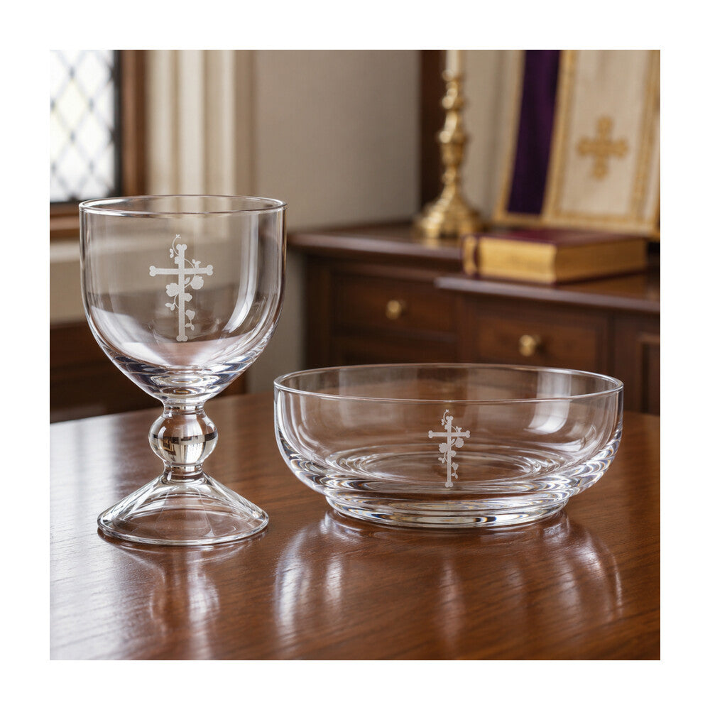 Engraved Cross Glass Chalice & Bowl Set