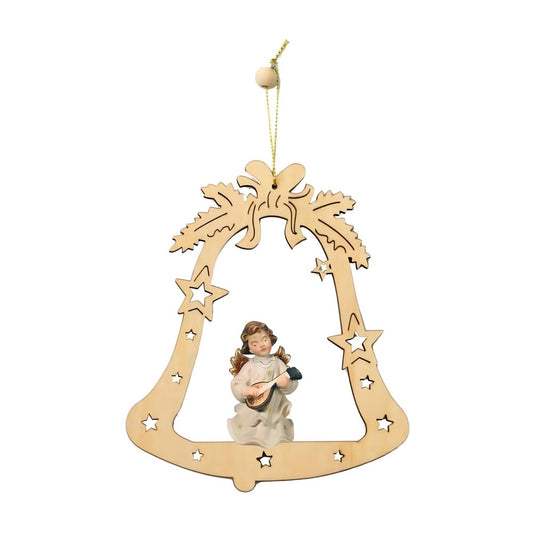 Christmas Ornament Musician Angel in Carved Wood Bell Val Gardena