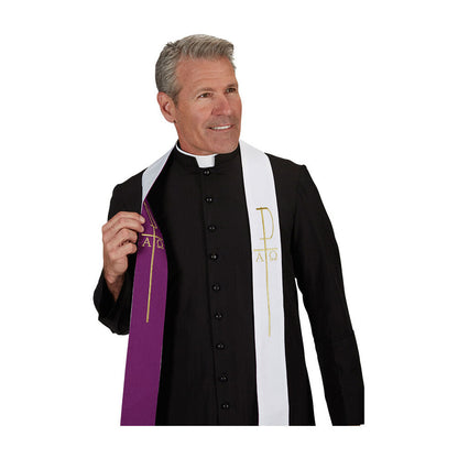 Purple/White Reversible Reconciliation Stole with Chi Rho Cross & Alpha & Omega Design