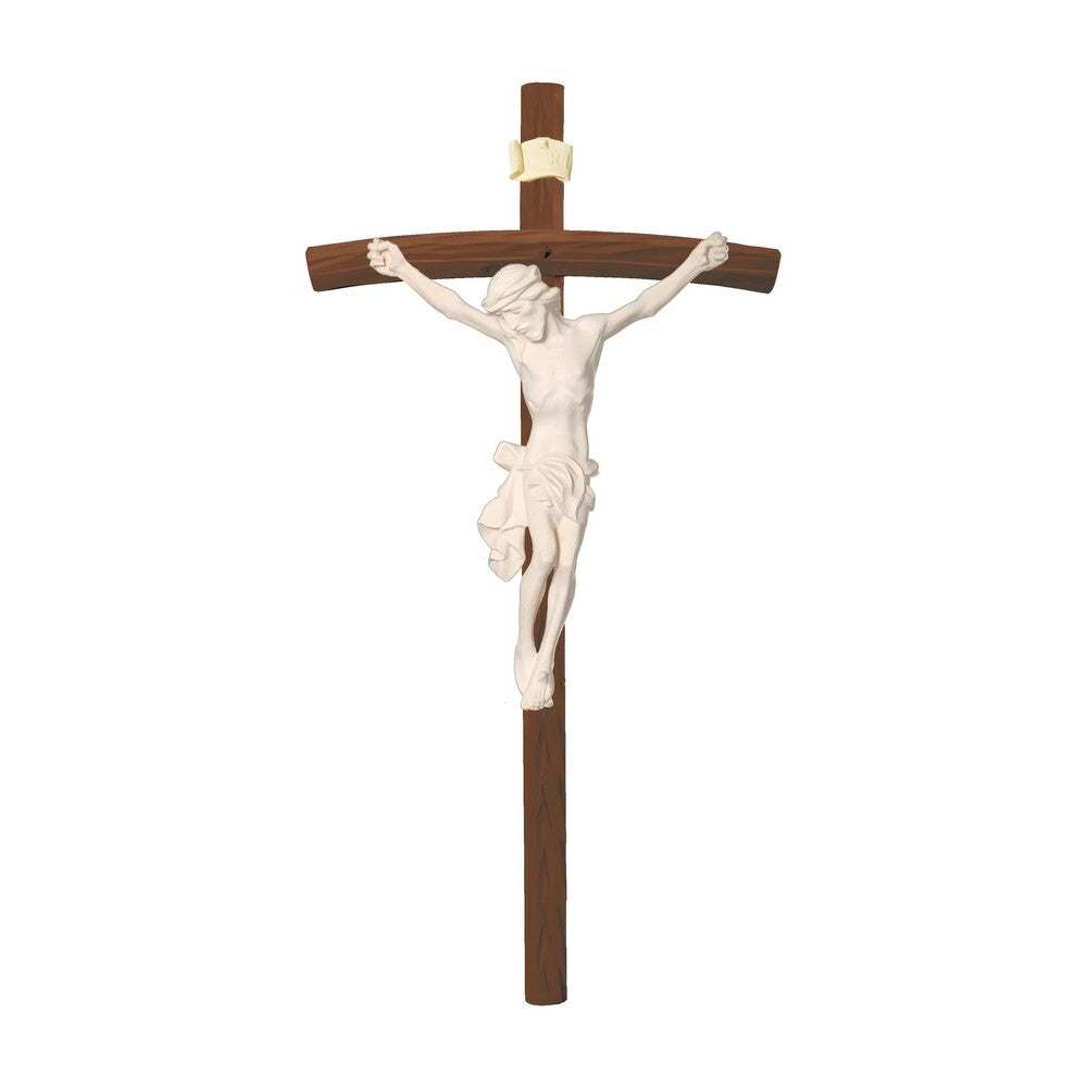 Crucified Christ Sculpture on Curved Cross Made of Val Gardena Wood