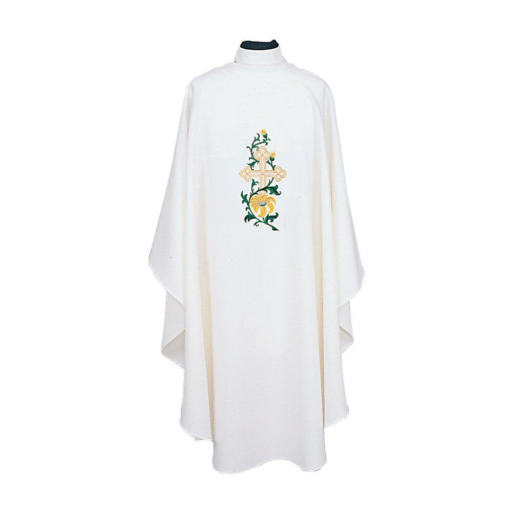 Pure White Chasuble 841 Cross with Vine and Flower Design