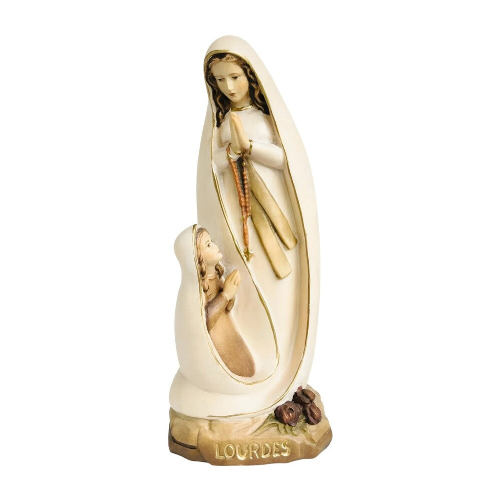 Lourdes Madonna Sculpture with Bernadette in Hand-Carved Val Gardena Wood