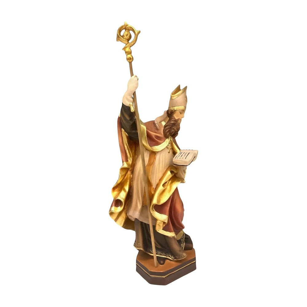 Statue of Saint Heribert Bishop with Crozier and Book, Polychrome Wood Sculpture