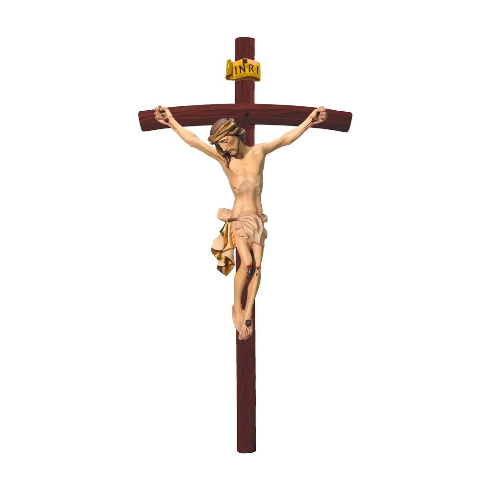 Crucified Christ Sculpture on Curved Cross Made of Val Gardena Wood
