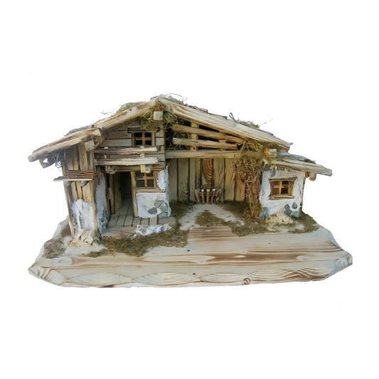 Rustic Nativity Scene Stable "Piciuel" in Lime Wood, Natural Finish