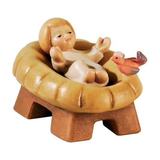 Baby Jesus in Cradle with Bird Statue - Maple Wood