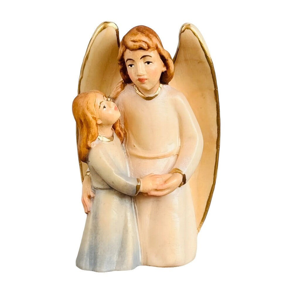 Guardian Angel Sculpture with Girl in Val Gardena Maple Wood