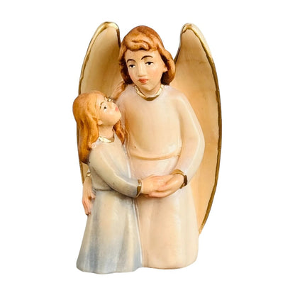 Guardian Angel Sculpture with Girl in Val Gardena Maple Wood