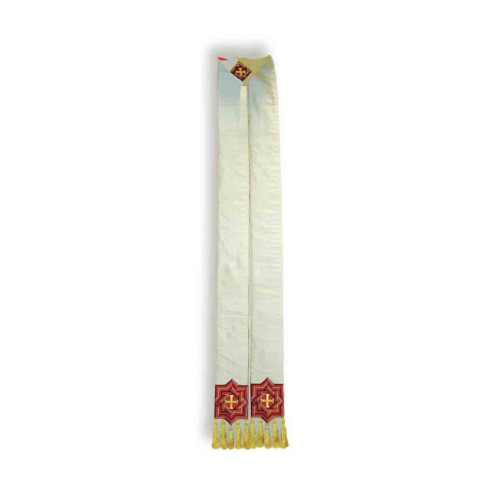 Pure Silk Off-White, Red & Gold Overlay Stole - PBSB133