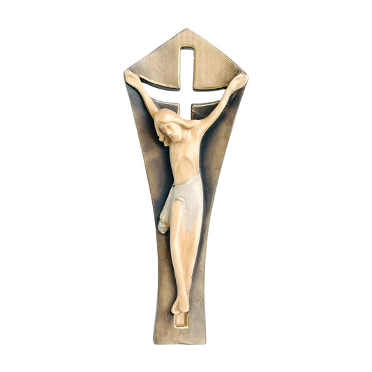 Modern Stylized Crucifix in Natural Wood – Val Gardena Craftsmanship