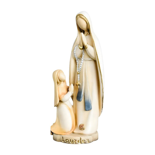 Our Lady of Lourdes and Saint Bernadette Carved Wood Statue