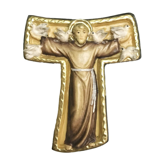 Handmade Wooden Saint Francis Tau Cross Val Gardena