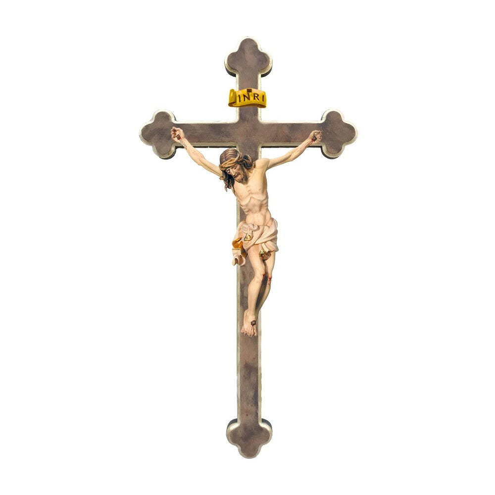 Maple Wooden Crucifix on Baroque Cross, Oil Painted