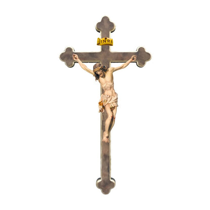 Maple Wooden Crucifix on Baroque Cross, Oil Painted