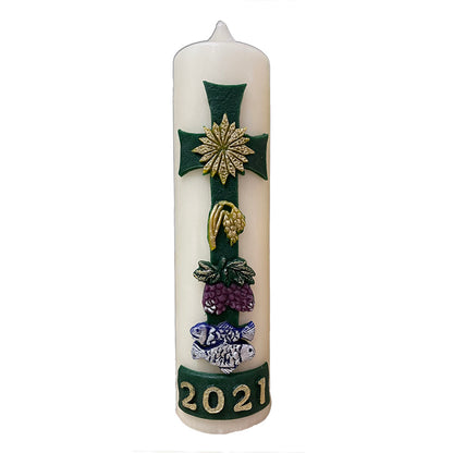 Green Cross with Sun & Grapes Home Paschal Candle