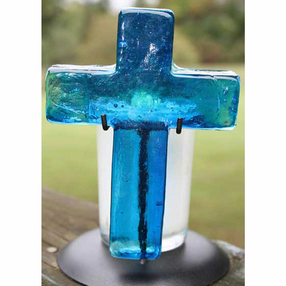 Glass Cross & Candle - Aqua