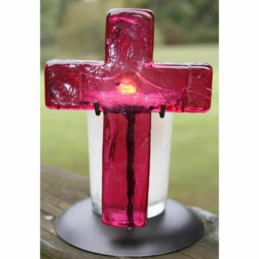 Glass Cross & Candle - Rose