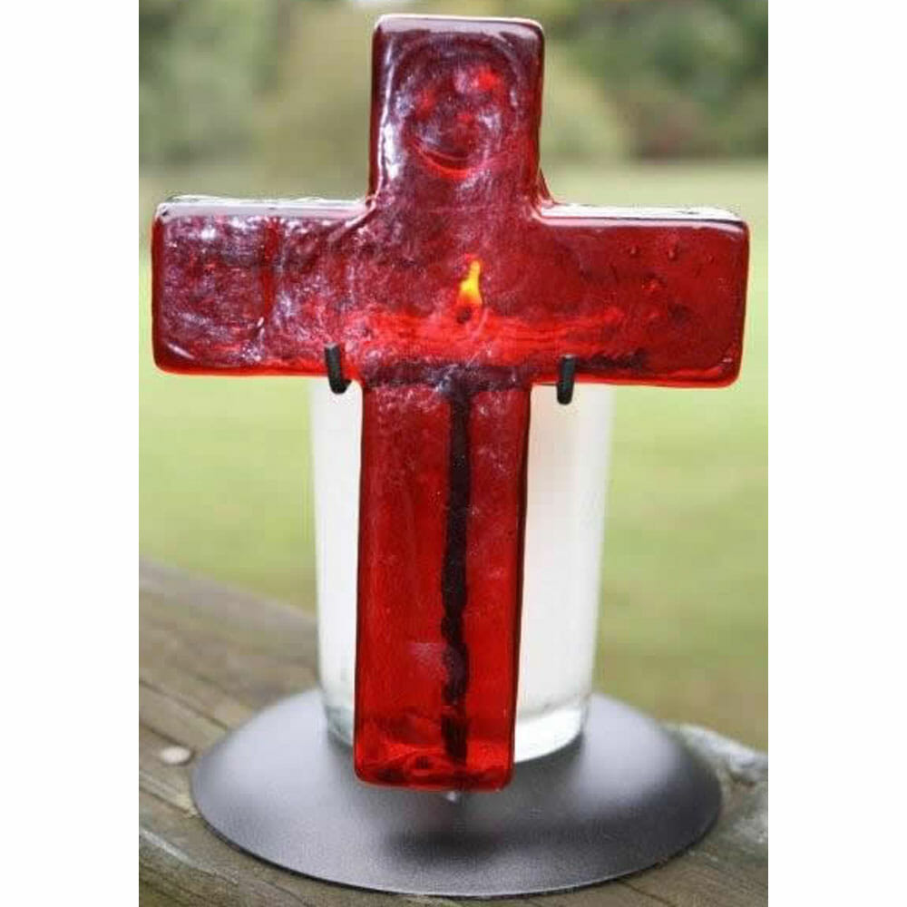 Glass Cross & Candle - Ruby
