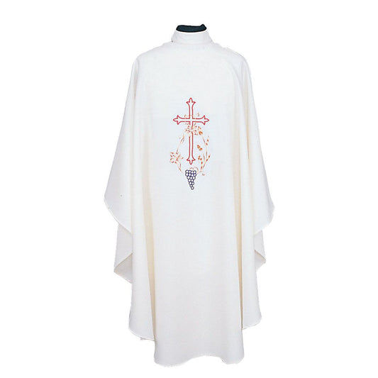 Pure White Chasuble 840 Cross with Wheat & Grapes Design