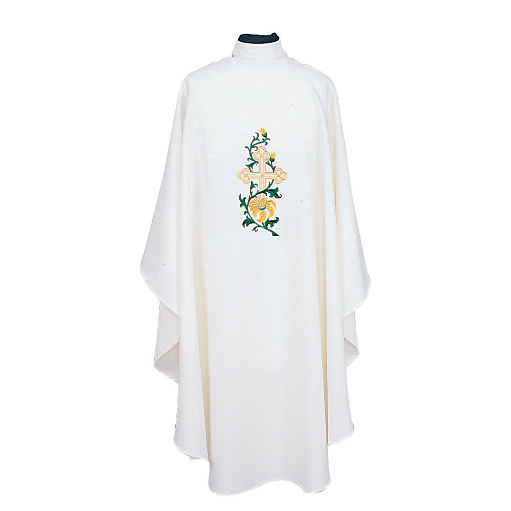 Pure White Chasuble 841 Cross with Vine and Flower Design