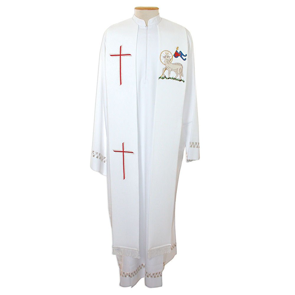 Pure White Overlay Stole with Lamb & Flag Design