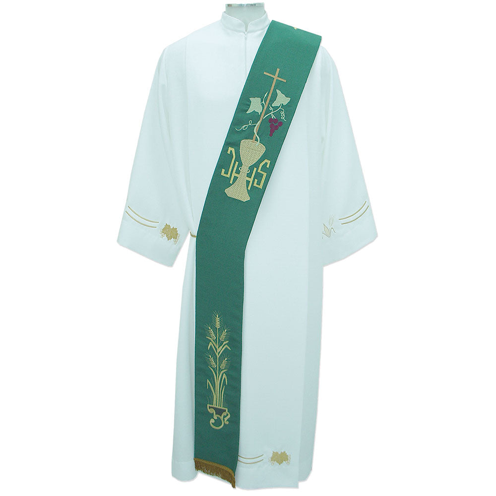 Green Deacon Stole with Chalice & IHS Design