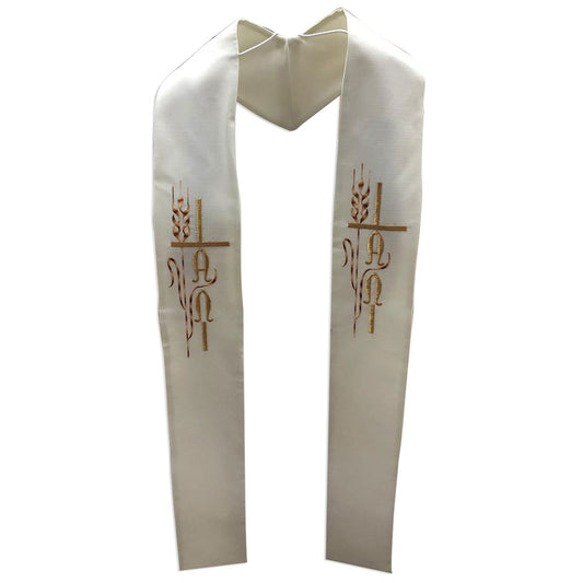 Cross with Wheat & Alpha/Omega Overlay Stole Off White