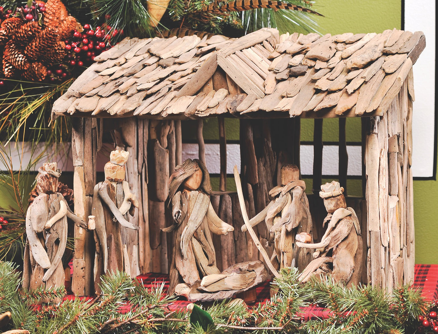 8" Scale Natural Driftwood 6 Piece Nativity Set with Stable