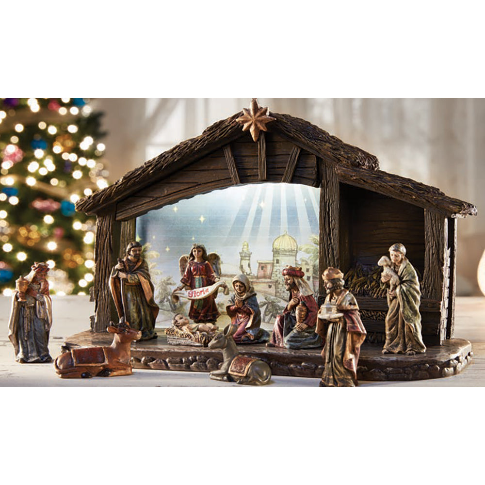 3" High 11 Piece Nativity Set with 8" High Stable