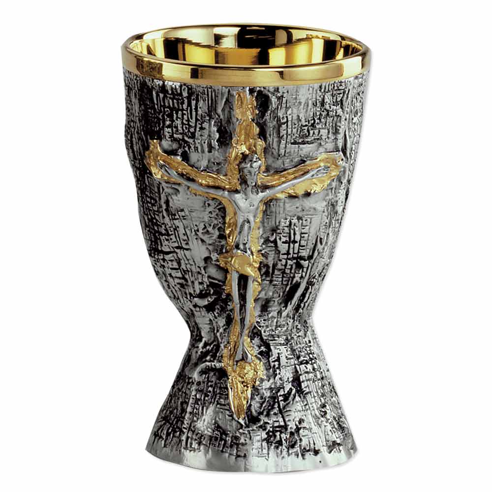 5 1/2" High Heavily Textured Crucifix Brass Chalice