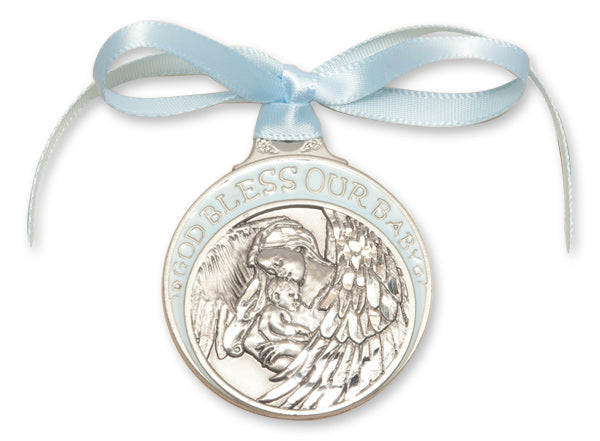 Pewter Baby w/Angel Crib Medal with Blue Ribbon