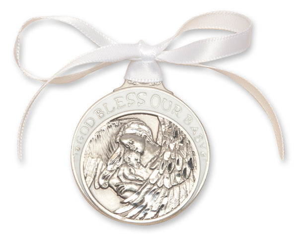 Pewter Baby w/Angel Crib Medal with White Ribbon