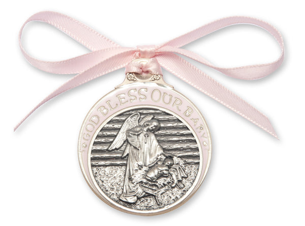 Pewter Baby in Manger Crib Medal with Pink Ribbon