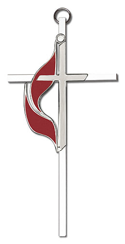 6 inch Polished Silver Finish Enamel Methodist on a Polished Silver Finish Cross