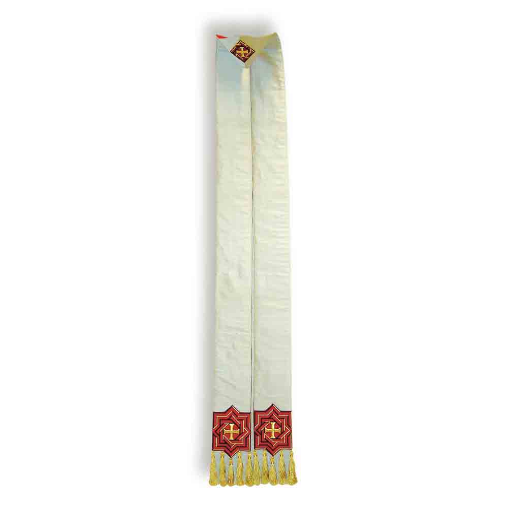 Pure Silk Off-White, Red & Gold Overlay Stole - PBSB133