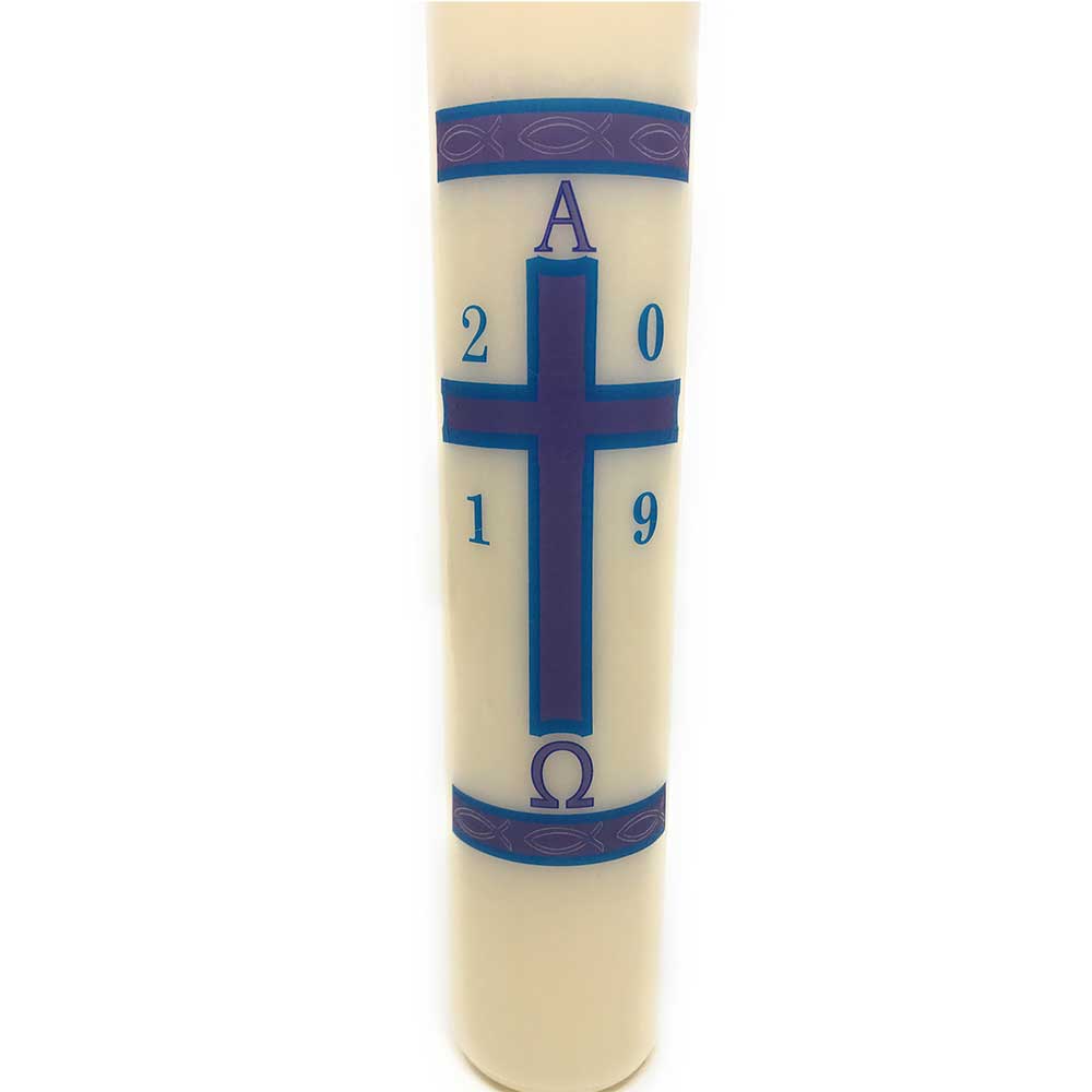 Blue & Purple Cross with Fish Paschal Candle