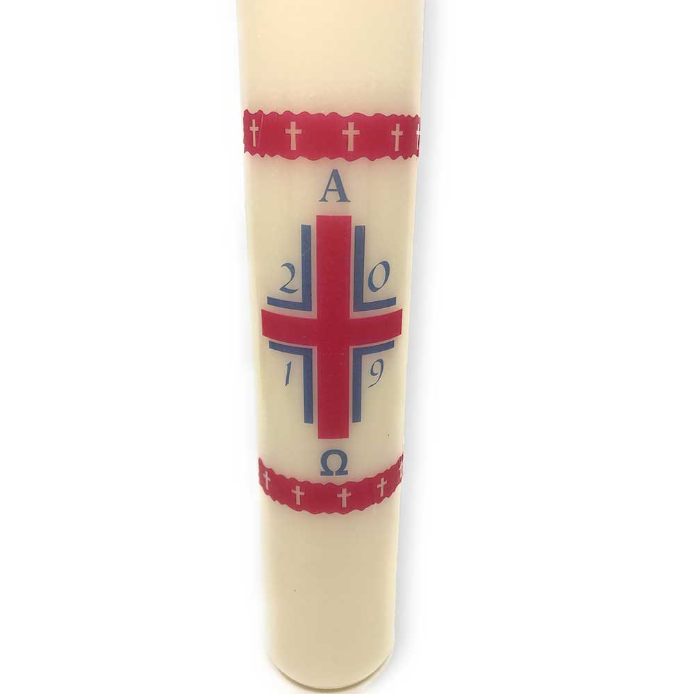Red Cross with Alpha Omega Paschal Candle